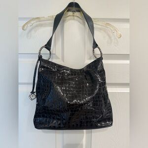 Brighton Cher hobo handbag croc-embossed patent leather Dark Navy Silver Heart